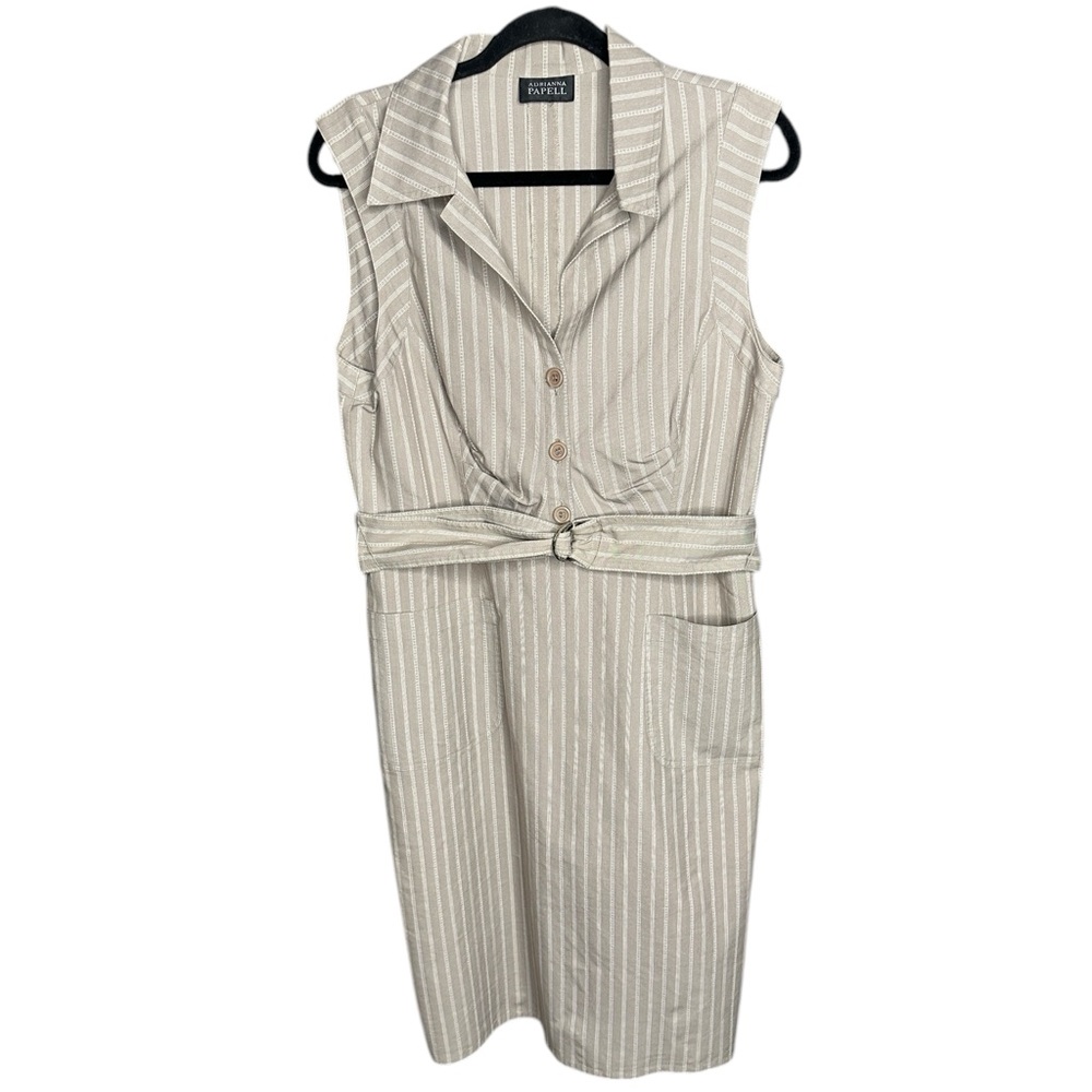 Adrianna Papell Beige & White Striped Sleeveless Shirtwaist Dress